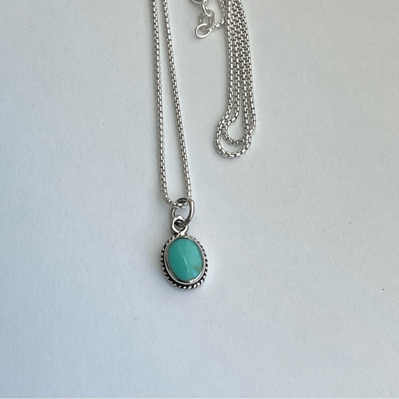 Sterling Silver Small Dainty Oval Synthetic Turquoise Necklace, Silver Necklace - Picture 3 of 10